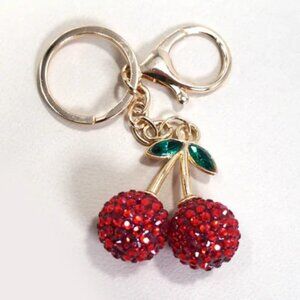 Rhinestone Red Cherry Drop Keychain Bag Backpack Charm